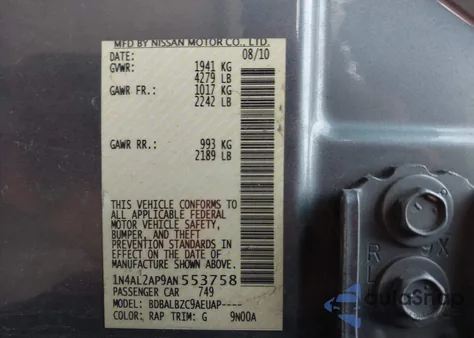 2010 Nissan Altima 2.5 S z USA, uszkodzony, nr VIN 1N4AL2AP9AN553758